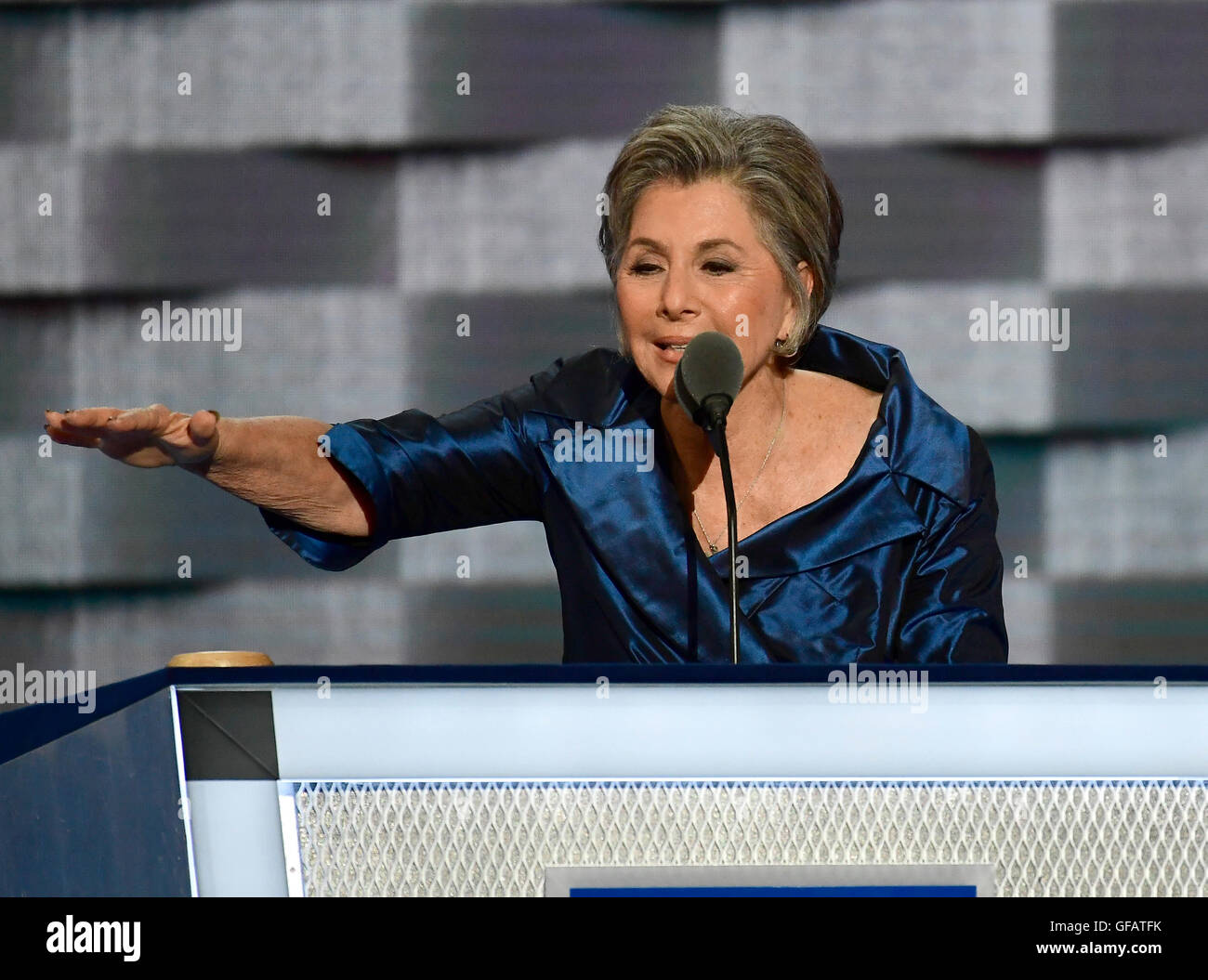 Philadelphia, Us. 26th July, 2016. United States Senator Barbara Boxer (Democrat of California) makes remarks during the second session of the 2016 Democratic National Convention at the Wells Fargo Center in Philadelphia, Pennsylvania on Tuesday, July 26, 2016. Credit: Ron Sachs/CNP (RESTRICTION: NO New York or New Jersey Newspapers or newspapers within a 75 mile radius of New York City) - NO WIRE SERVICE - © dpa/Alamy Live News Stock Photo