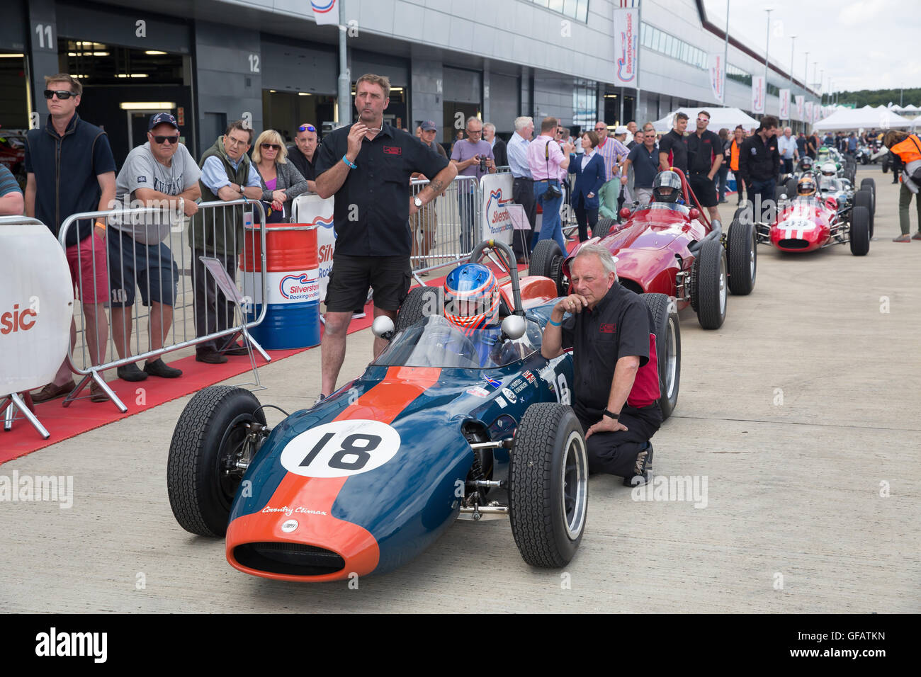 Silverstone,Towcester,UK,30th July 2016,Lining up on the grid for the Maserati Trophy for HGPCA pre 66 Grand Prix cars which takes place at Silverstone Classic 201 Credit: Keith Larby/Alamy Live News Stock Photo