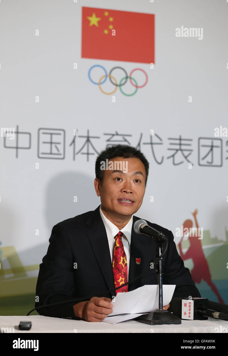 Sau Paulo, Brazil. 30th July, 2016. Deputy Chef de Mission of the Pre-Games Training Camp of the Chinese delegation Sun Yuanfu speaks during a press conference at Esporte Clube Pinheiros in Sao Paulo, Brazil, July 30, 2016. Chinese athletes has arrived at Sao Paulo's Esporte Clube Pinheiros, the pre-games training center of the Chinese Olympic delegation for the upcoming Rio Olympic Games. © Xu Zijian/Xinhua/Alamy Live News Stock Photo