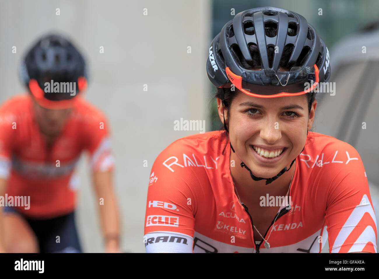 London, UK, 30 July 2016. Prudential RideLondon Classique. Catherine Ouellette (Rally Cycling) smiles ahead of the RideLondon Classique - a 66km race which forms part of the UCI Women's World Tour. Credit:  Clive Jones/Alamy Live News Stock Photo