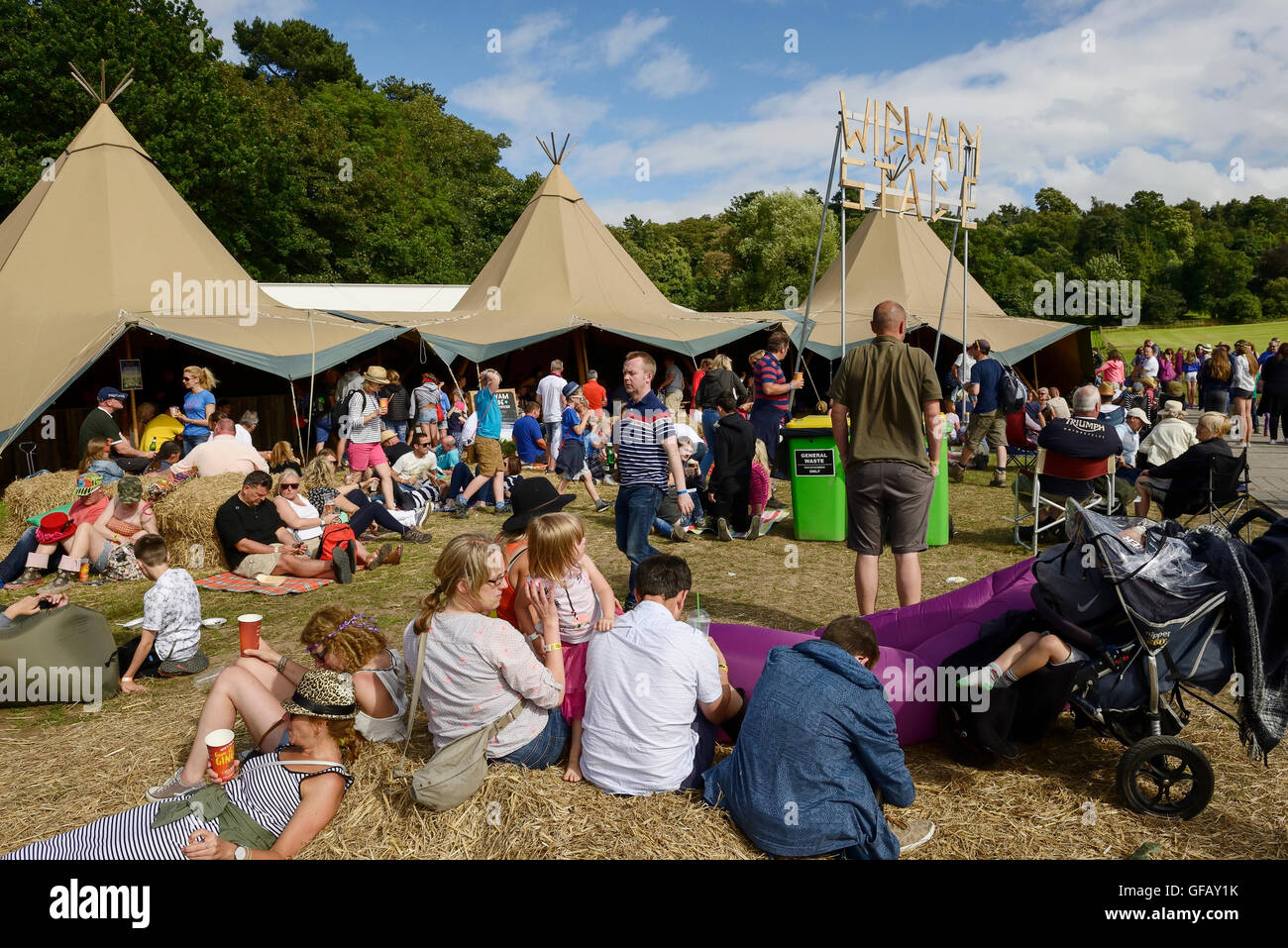 Carfest North, Bolesworth, Cheshire, UK. 30th July 2016. People relaxing at the Wigwam stage. The event is the brainchild of Chris Evans and features 3 days of cars, music and entertainment with profits being donated to the charity Children in Need. Andrew Paterson/Alamy Live News Stock Photo