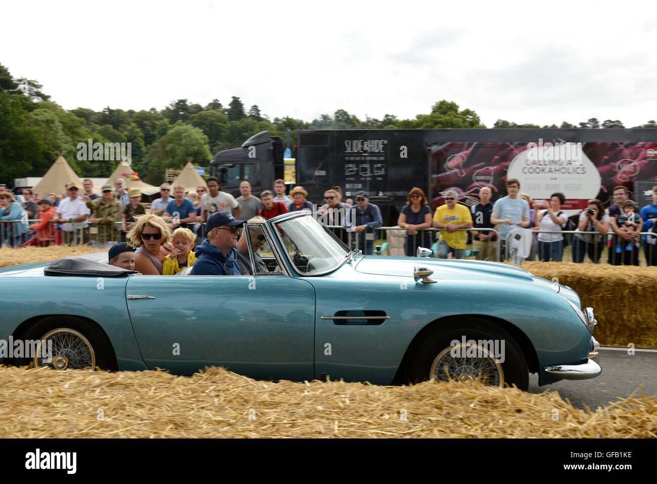 Carfest North, Bolesworth, Cheshire, UK. 31st July 2016. Chris Evans drives his 1964 convertible Aston Martin DB5 around the track. The event is the brainchild of Chris Evans and features 3 days of cars, music and entertainment with profits being donated to the charity Children in Need. Andrew Paterson/Alamy Live News Stock Photo