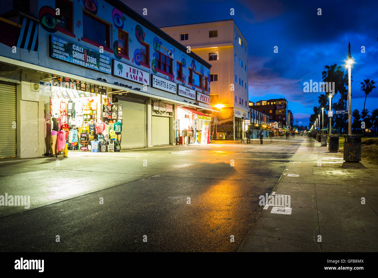 The Venice Beach Boardwalk at night, in Venice Beach, Los Angeles