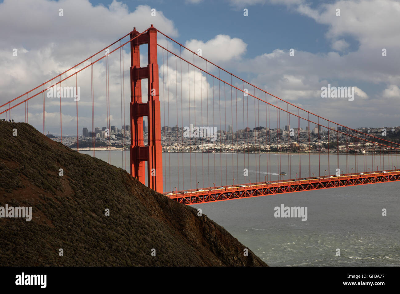 The iconic Golden Gate Bridge connects the beautiful northernCalifornia city of San Francisco with the scenic Marin Headlands. Stock Photo