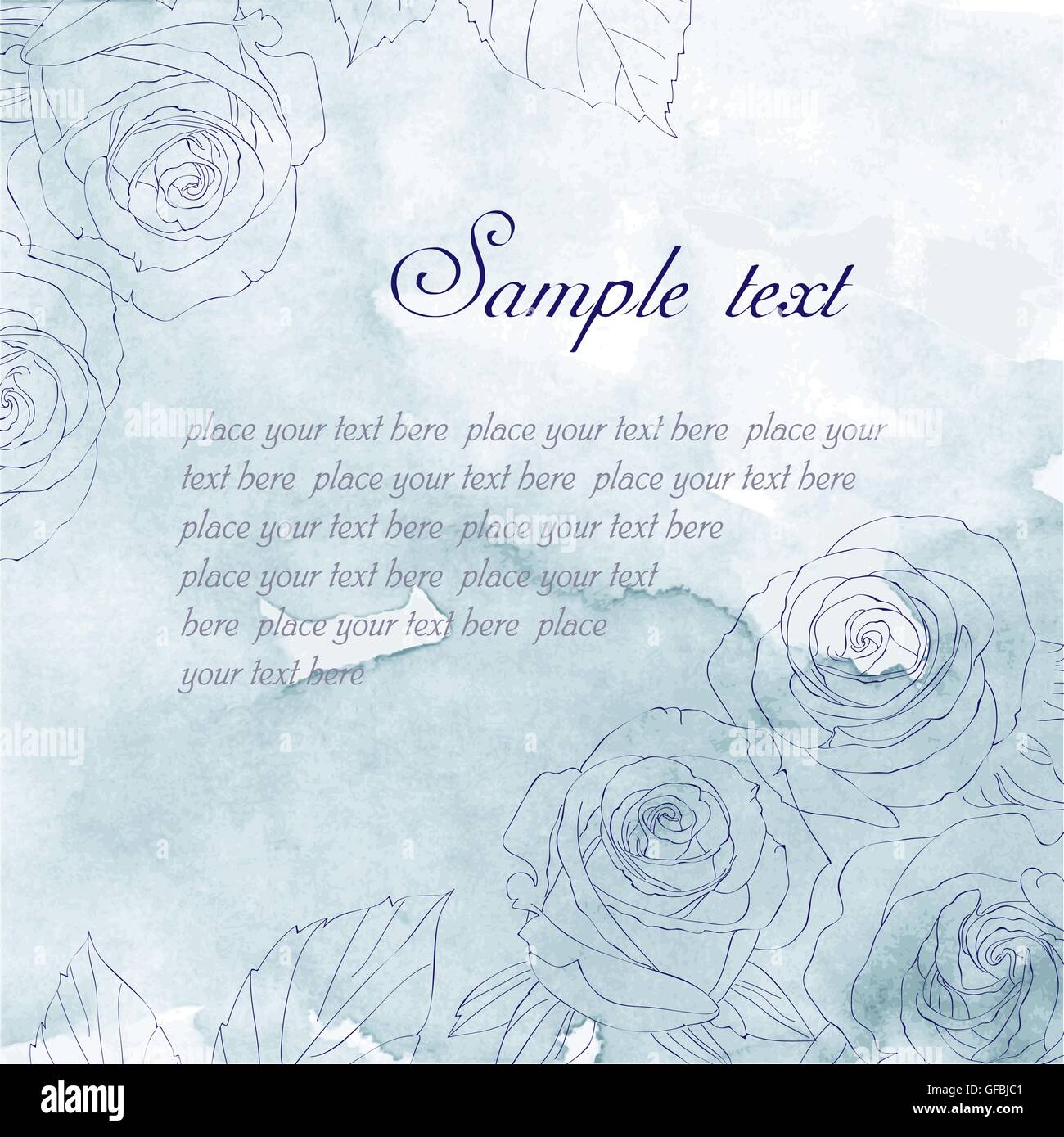 Card with hand-drawn roses on blue watercolor background Stock Vector ...