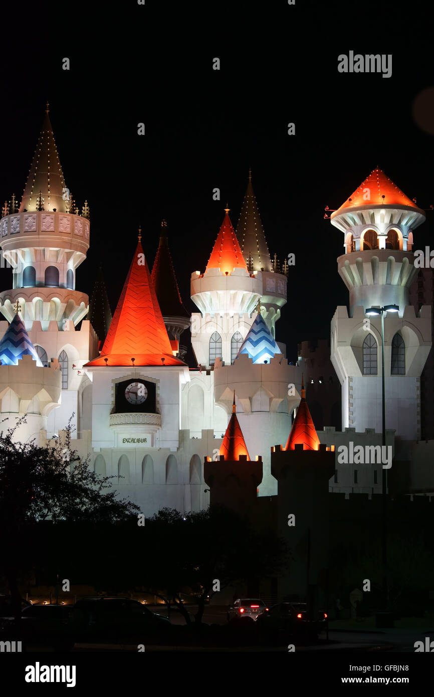 Towers of Excalibur at night Stock Photo