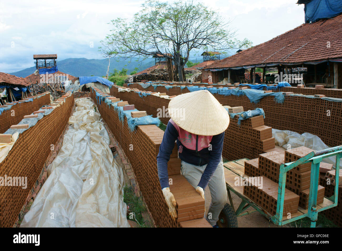 BINH DINH, VIET NAM, Old brickwork at countryside Vietnamese, trade village to product brick, material for contruction, ecology problem, Vietnam Stock Photo