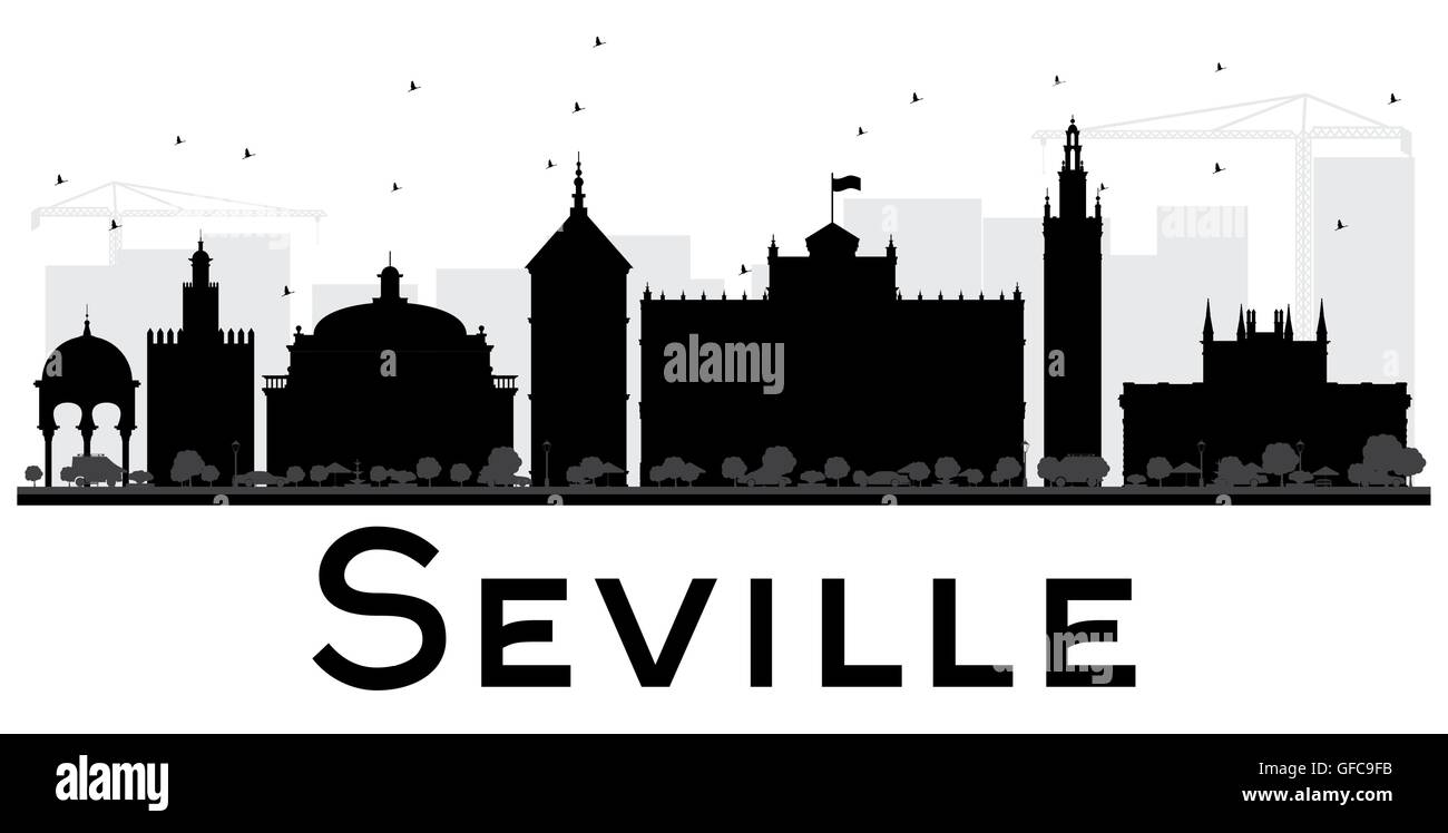 Seville City skyline black and white silhouette. Vector illustration. Simple flat concept for tourism presentation, banner Stock Vector