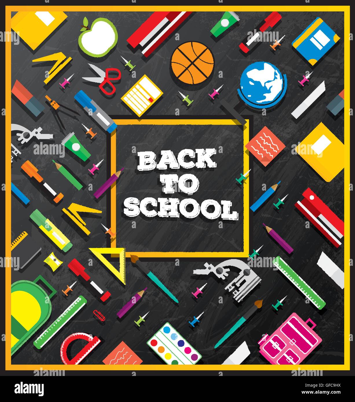 Back to school. School supplies on blackboard background. Vector illustration. Banner with Copy Space. Stock Vector