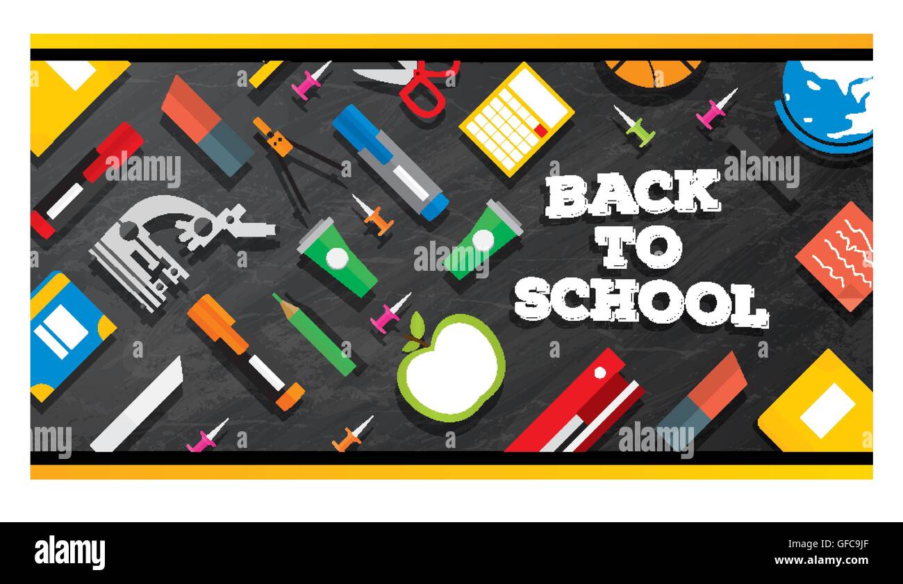 Back to school. School supplies on blackboard background. Vector illustration. Stock Vector