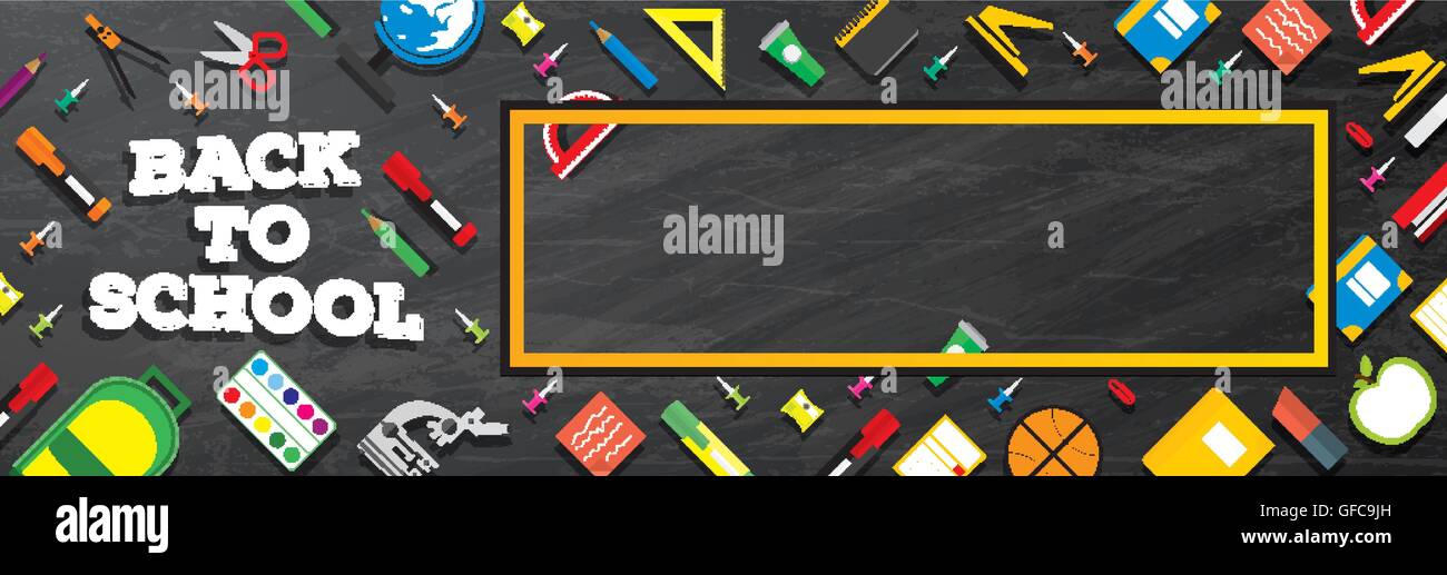 Back to school. School supplies on blackboard background. Vector illustration. Banner with Copy Space. Stock Vector