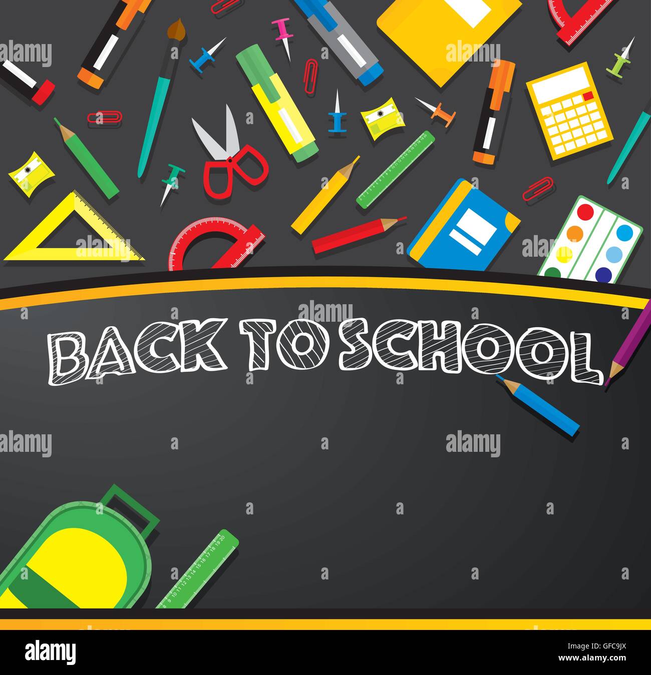 School supplies on blackboard background. Vector illustration. Stock Vector