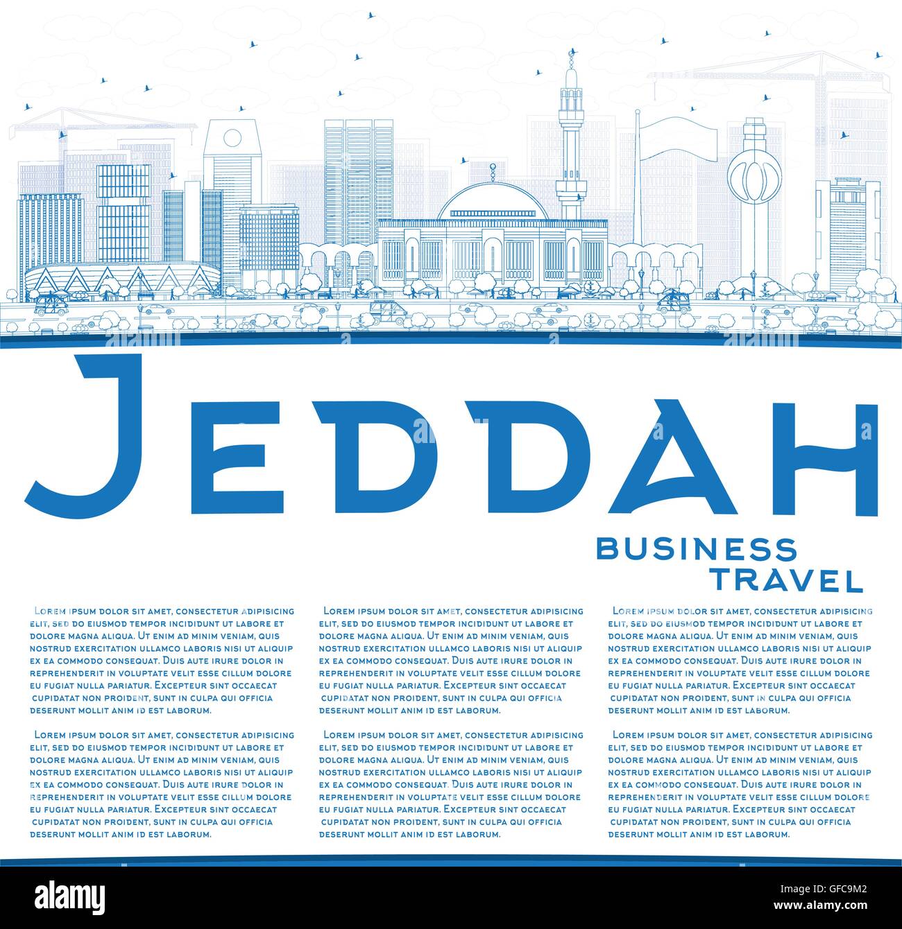 Outline Jeddah Skyline with Blue Buildings and Copy Space. Vector Illustration. Business Travel and Tourism Concept with Modern Stock Vector