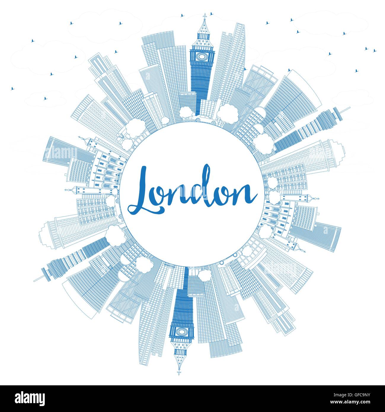 Outline London Skyline with Blue Buildings and Copy Space. Business Travel and Tourism Concept with Modern Buildings Stock Vector