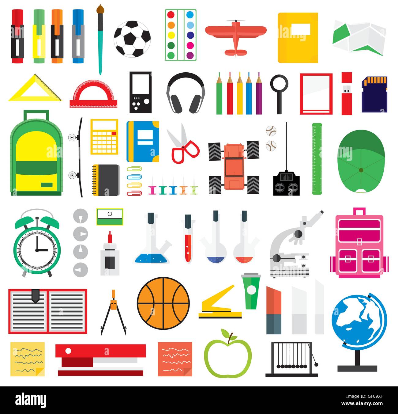 Set of school supplies. Vector illustration. Icons on school theme. Stock Vector