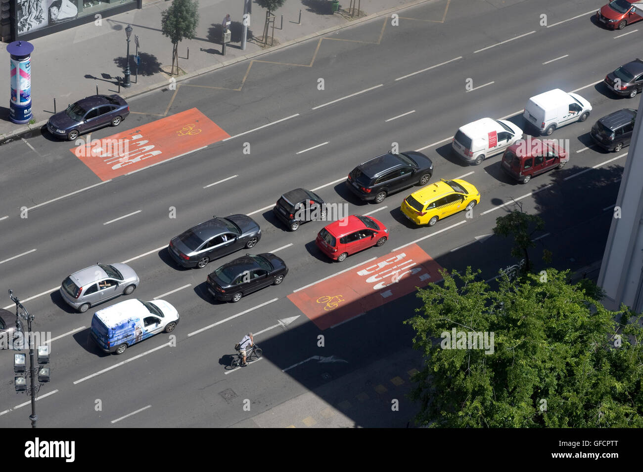 stationary traffic heading south towards Deak Ferenc Ter seen from St Stephen's basilica Stock Photo