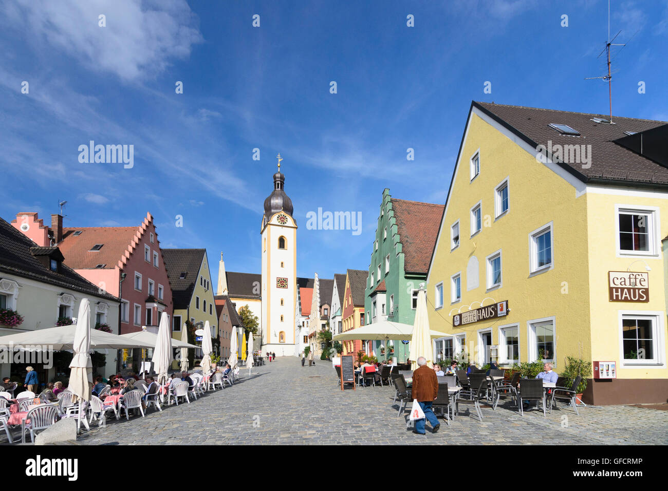 Schwandorf: Upper Market Square with the tower of St. Jacob's Church, Germany, Bayern, Bavaria, Oberpfalz, Upper Palatinate Stock Photo