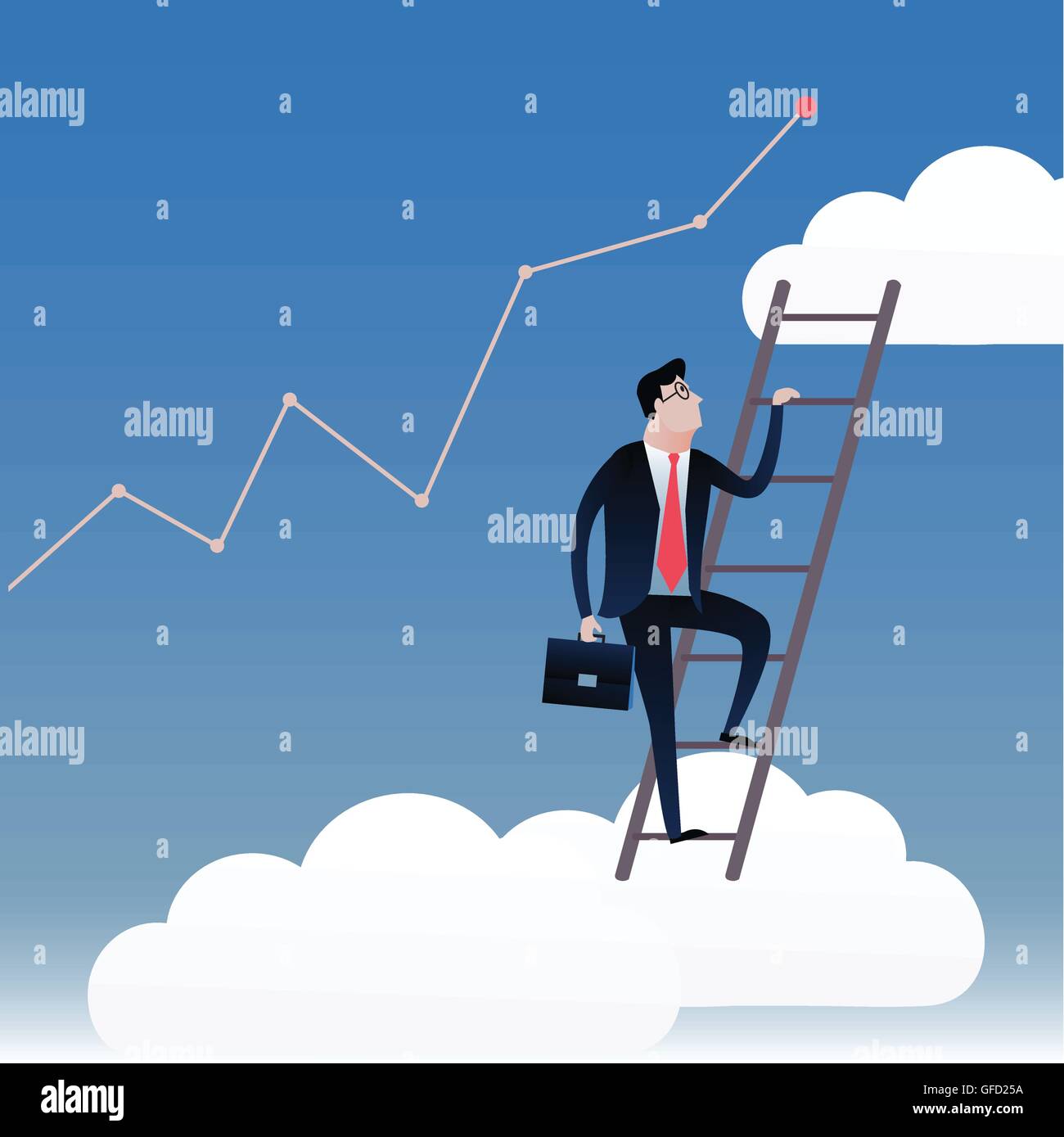 Businessman walking on stairs with the blue sky background and white ...