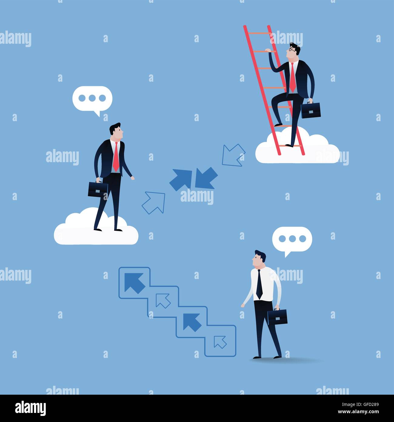 Businessman walking up stairs over blue sky with white clouds. Business ...