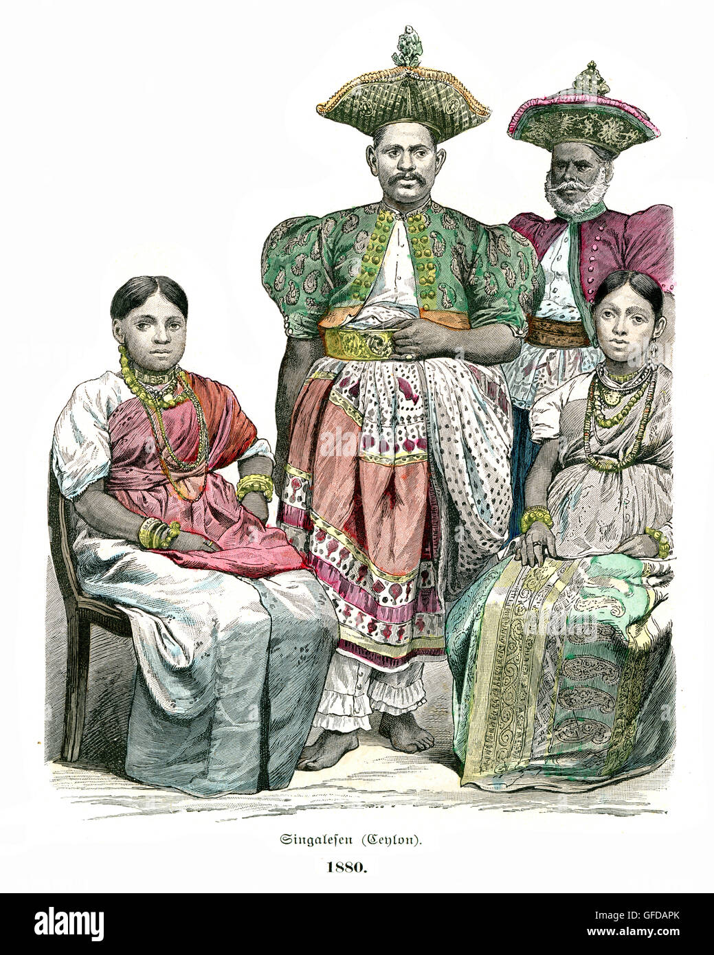 Family in the traditional dress of Ceylon (Sri Lanka) in the 19th Century Stock Photo
