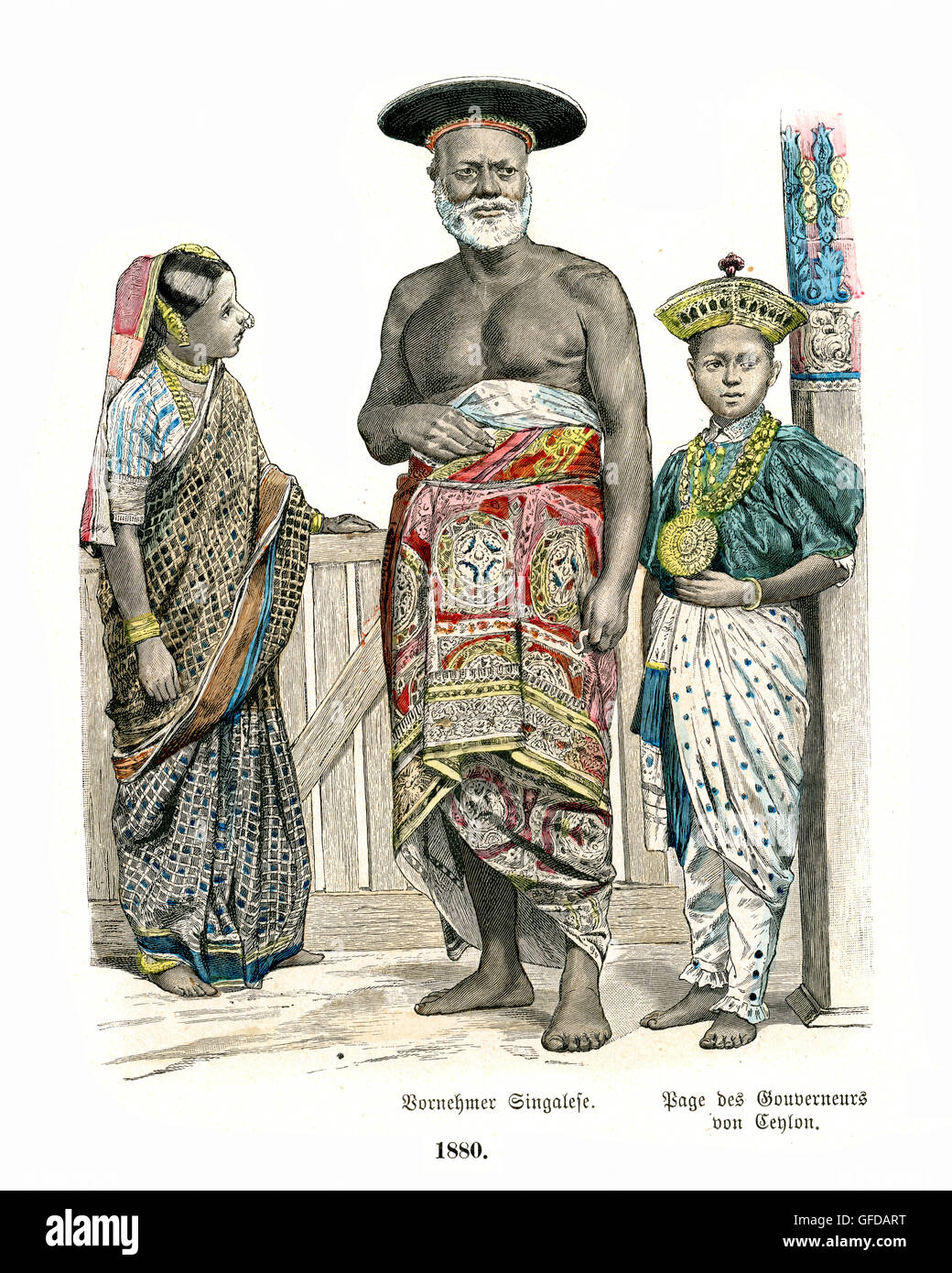 Family in the traditional dress of Ceylon (Sri Lanka) in the 19th Century Stock Photo