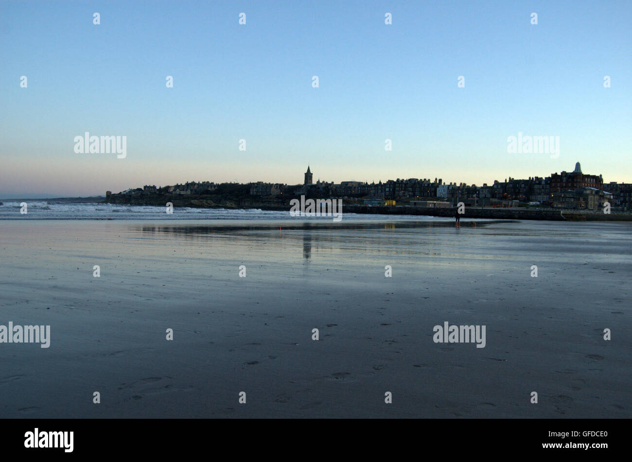 View of St Andrews from West Sands at dusk, St Andrews, Fife, Scotland Stock Photo