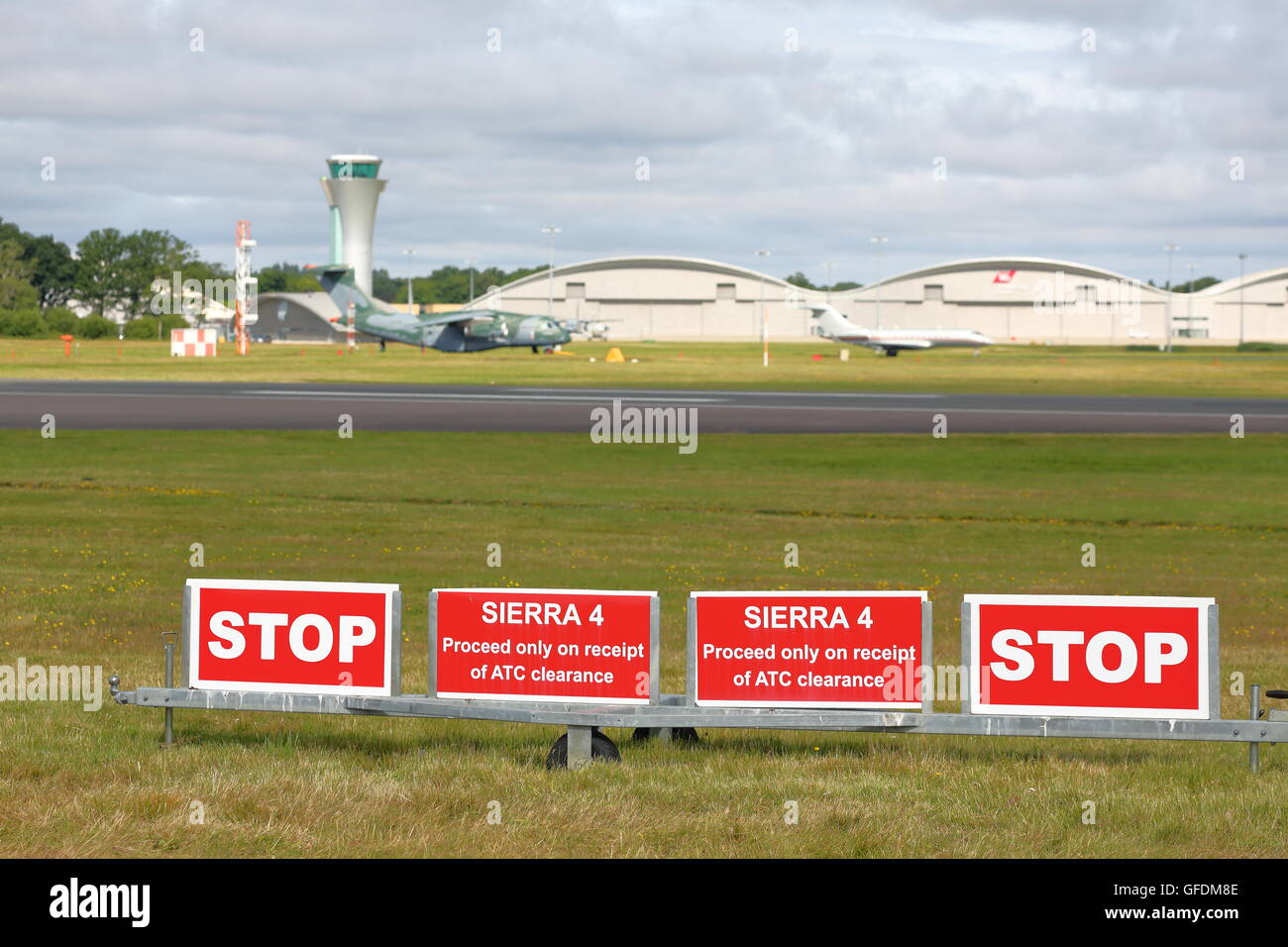 Farnborough Airport signs durin the Farnborough International Airshow