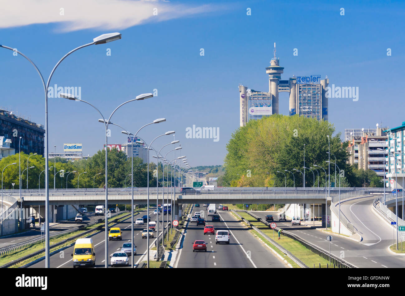 Beograd, Belgrade: Municipality Novi Beograd with the M1 and the Western City Gate (Genex Tower), Serbia, , Stock Photo