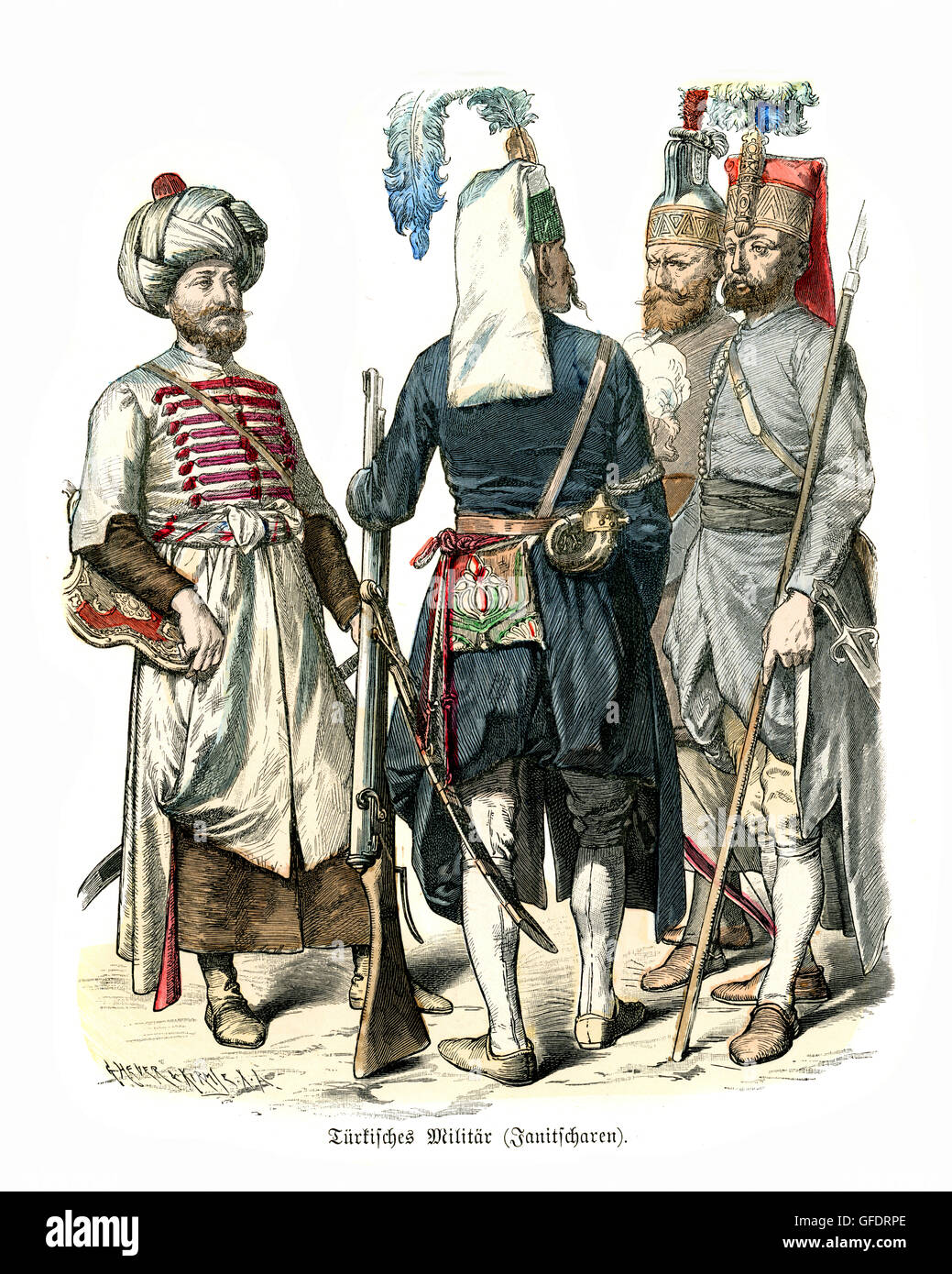 Military uniforms of Ottoman Turkey 17th and 18th Century. Janissaries elite infantry units that formed the Ottoman Sultan's hou Stock Photo