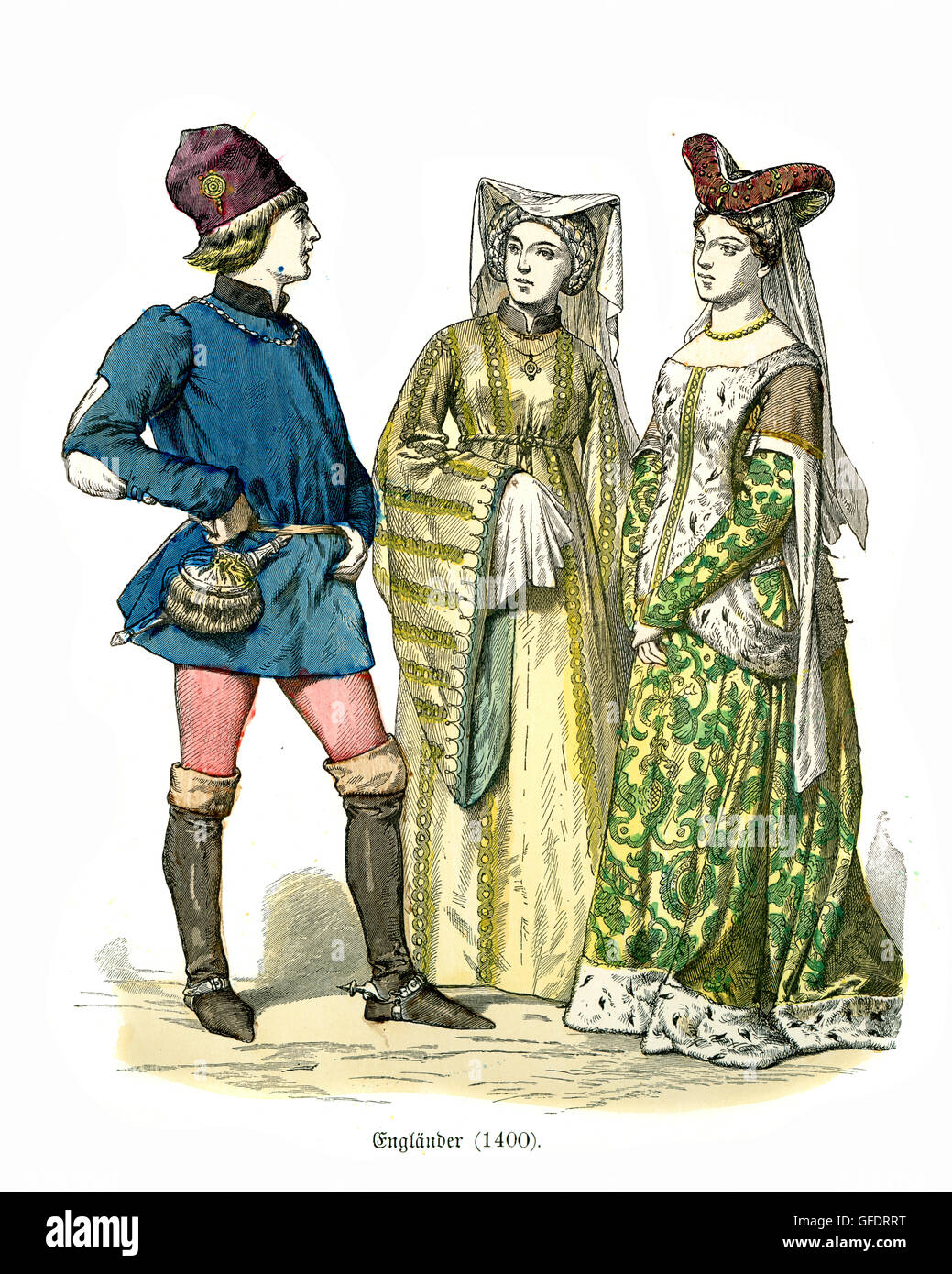 Mens and womens fashions of Medieval England at the start of the 15th Century Stock Photo