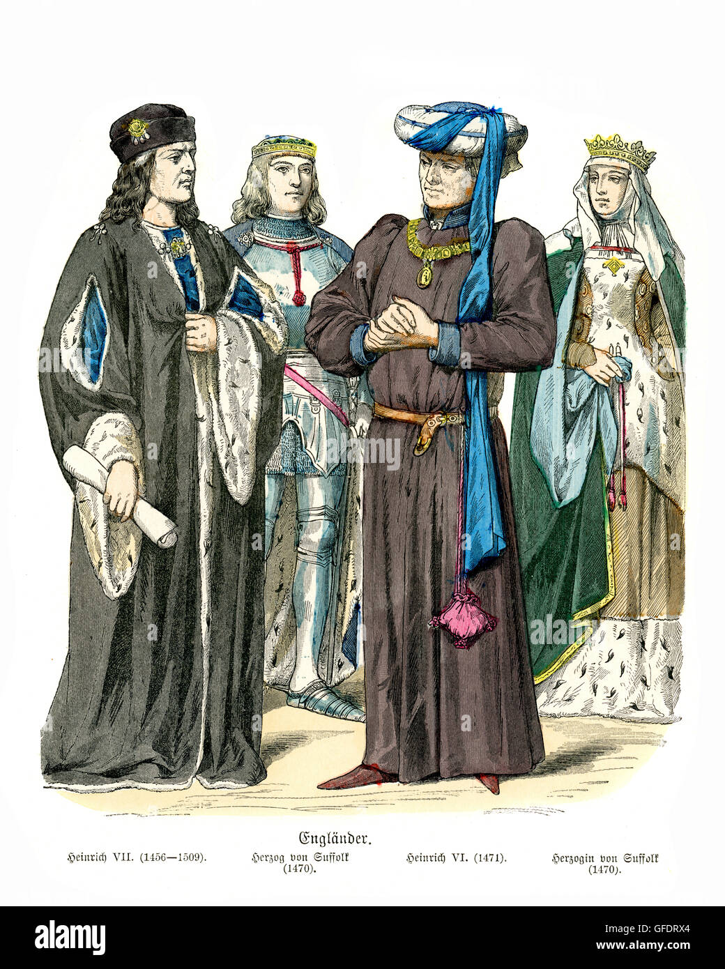 Mens and womens fashions of Medieval England. King Henry VII, Duke of Suffolk, Henry VI, Duchess of Suffolk. 15th Century Stock Photo