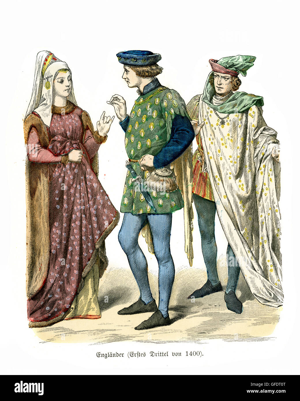 Mens and womens fashions of Medieval England at the start of the 15th Century Stock Photo