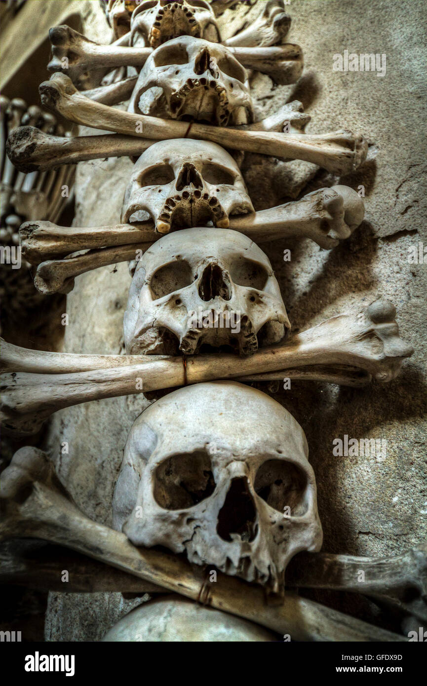 Human bones and skulls in the Sedlec Ossuary near Kutna Hora, Czech Republic. Stock Photo