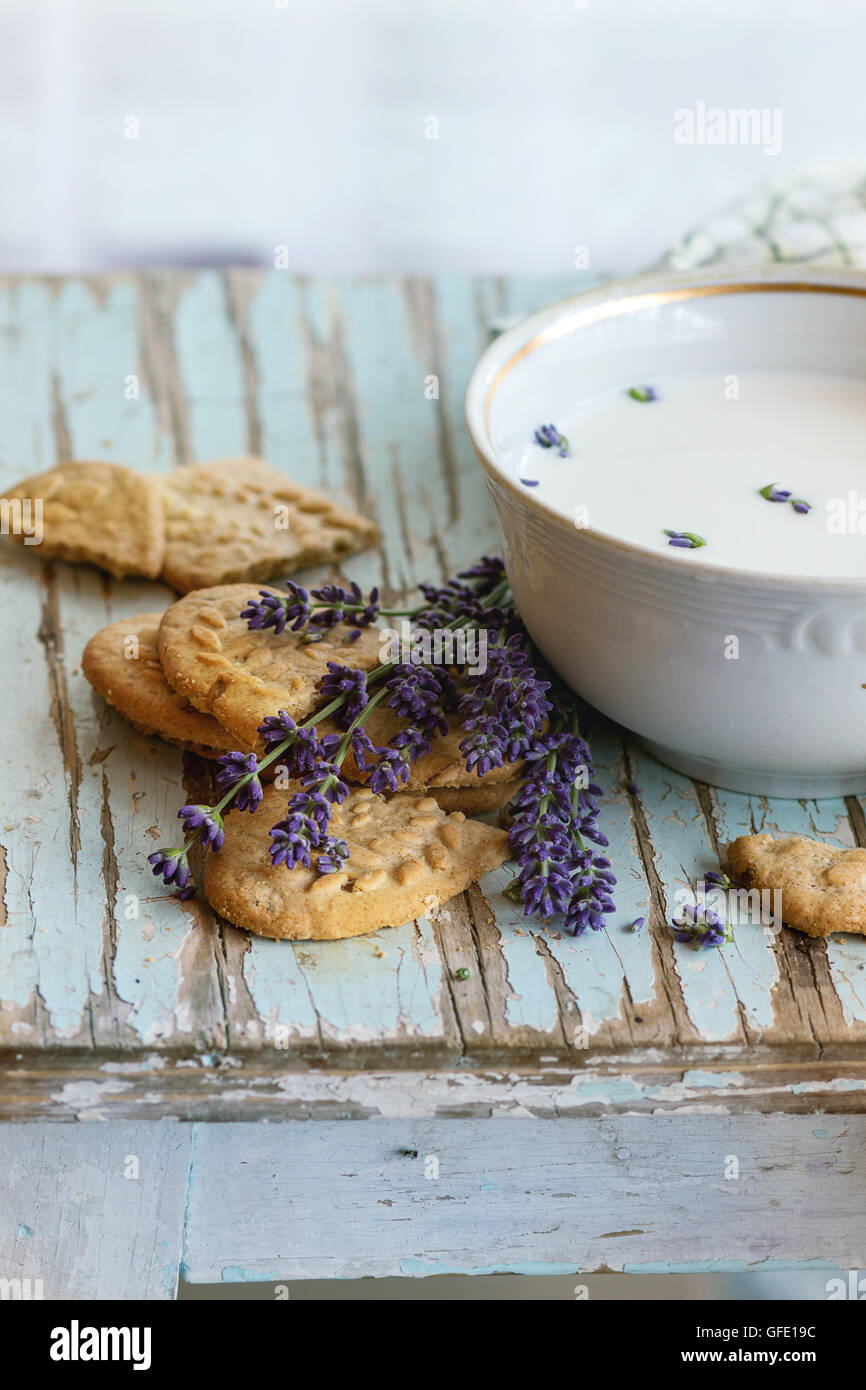 Lavender cookies with milk Stock Photo