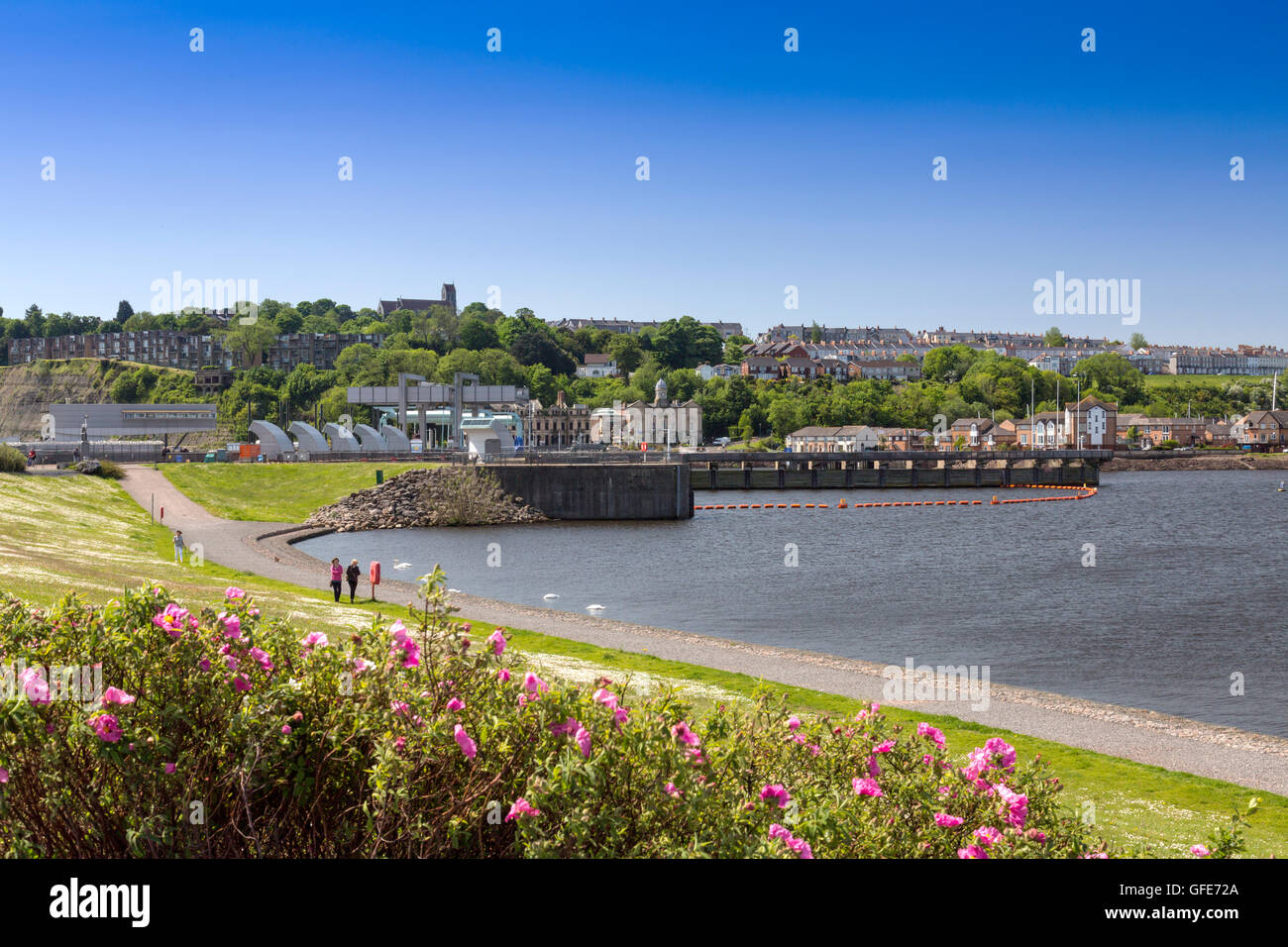 The historic port of Penarth and the tidal barrage in Cardiff Bay, South Glamorgan, Wales, UK Stock Photo