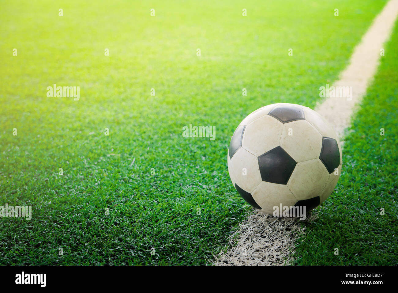 soccer field center and ball top view background Stock Photo