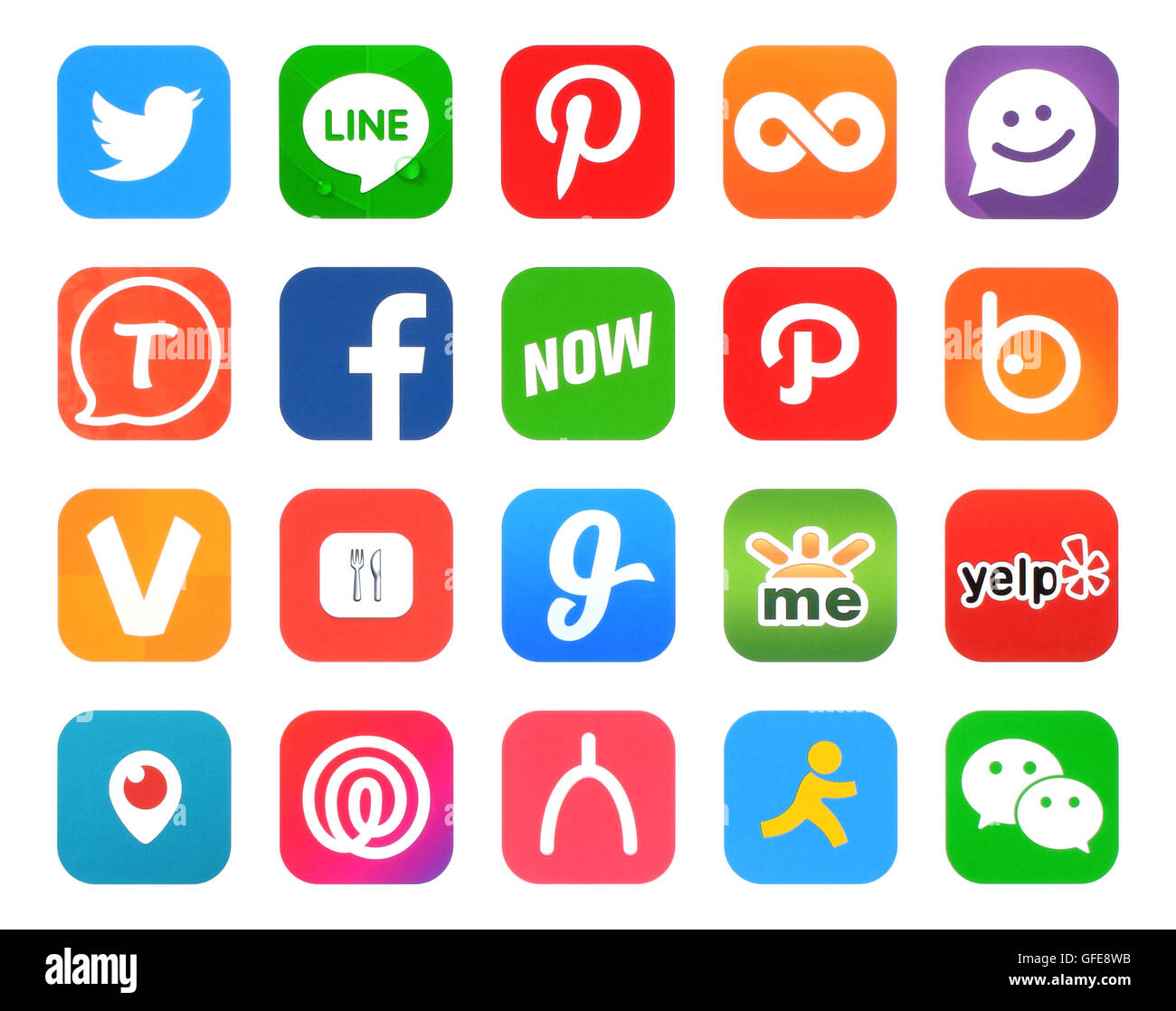 Kiev, Ukraine - April 22, 2016: Collection of popular 20 social networking icons, printed on paper, such as: Facebook, etc. Stock Photo