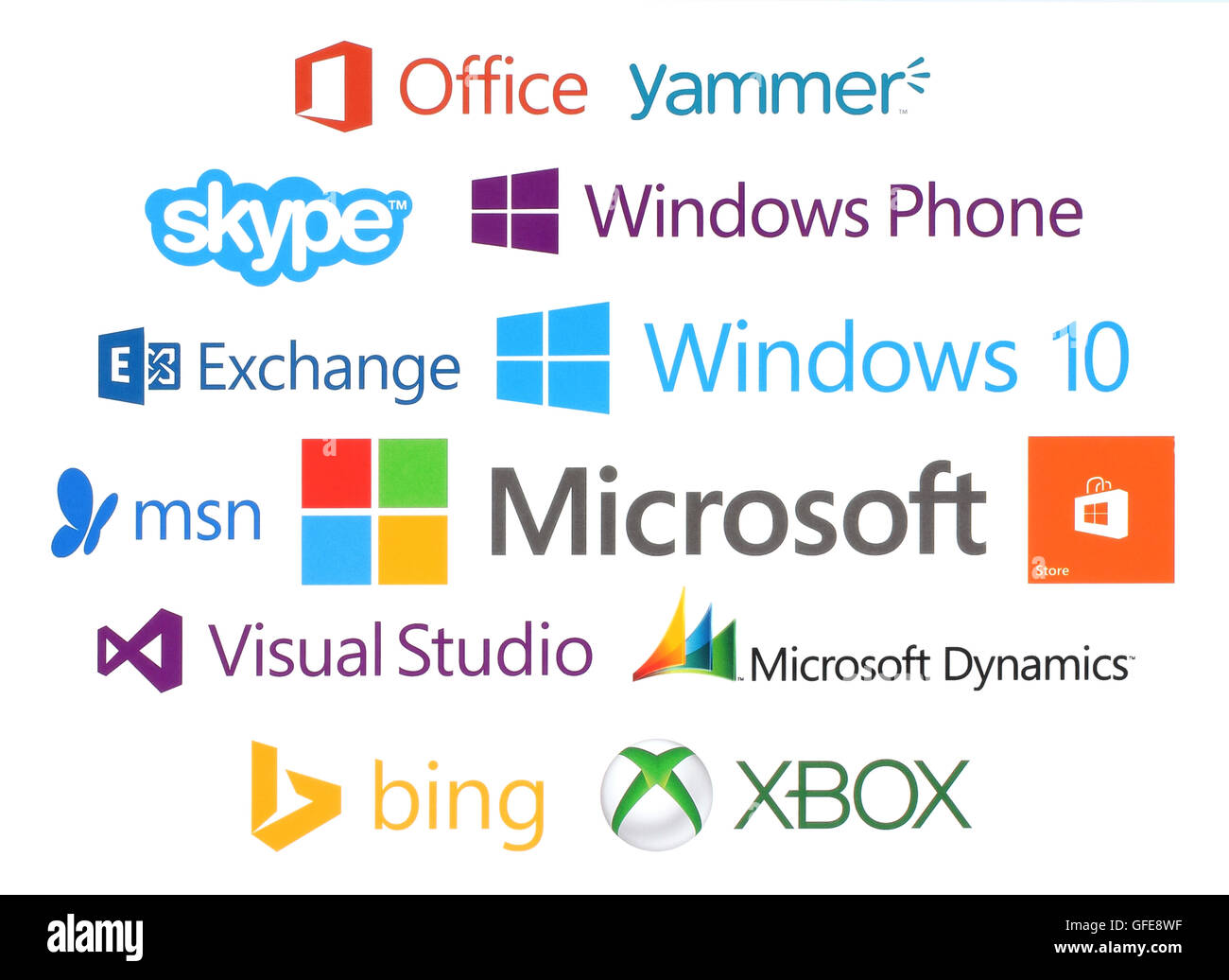 Kiev, Ukraine - April 28, 2016: Collection of Microsoft products logos printed on paper: Skype, Bing, Exchange, Office, etc. Stock Photo