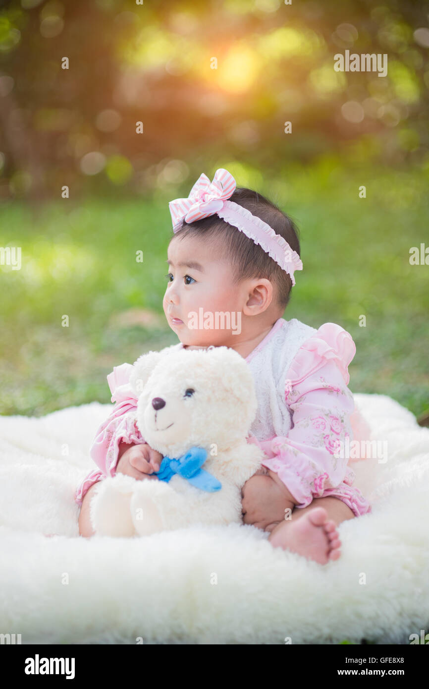 happy smiling cute little girl child outdoors in summer day Stock Photo ...