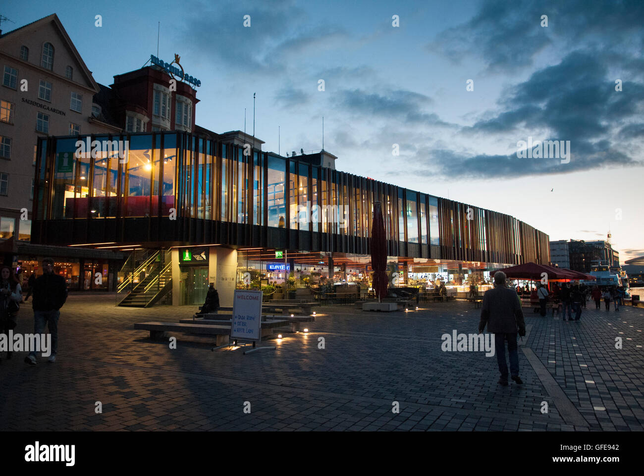 Bergen, Norway. Bergen Tourist Information Centre in the fish market district at sunset. Stock Photo