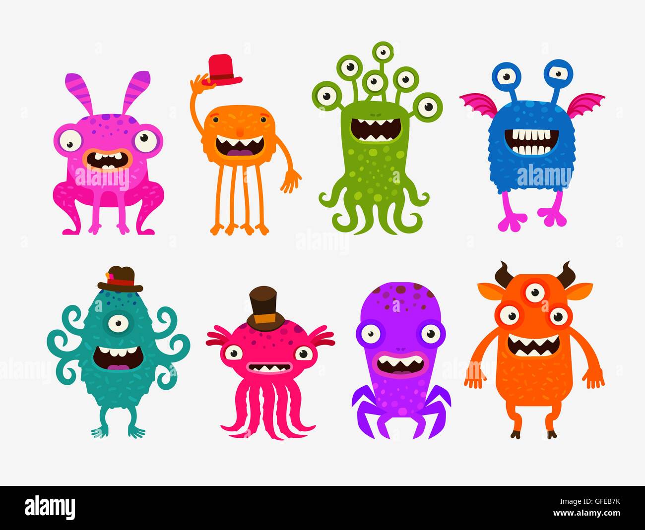 Fun cute cartoon monsters. Set icons vector illustration Stock Vector