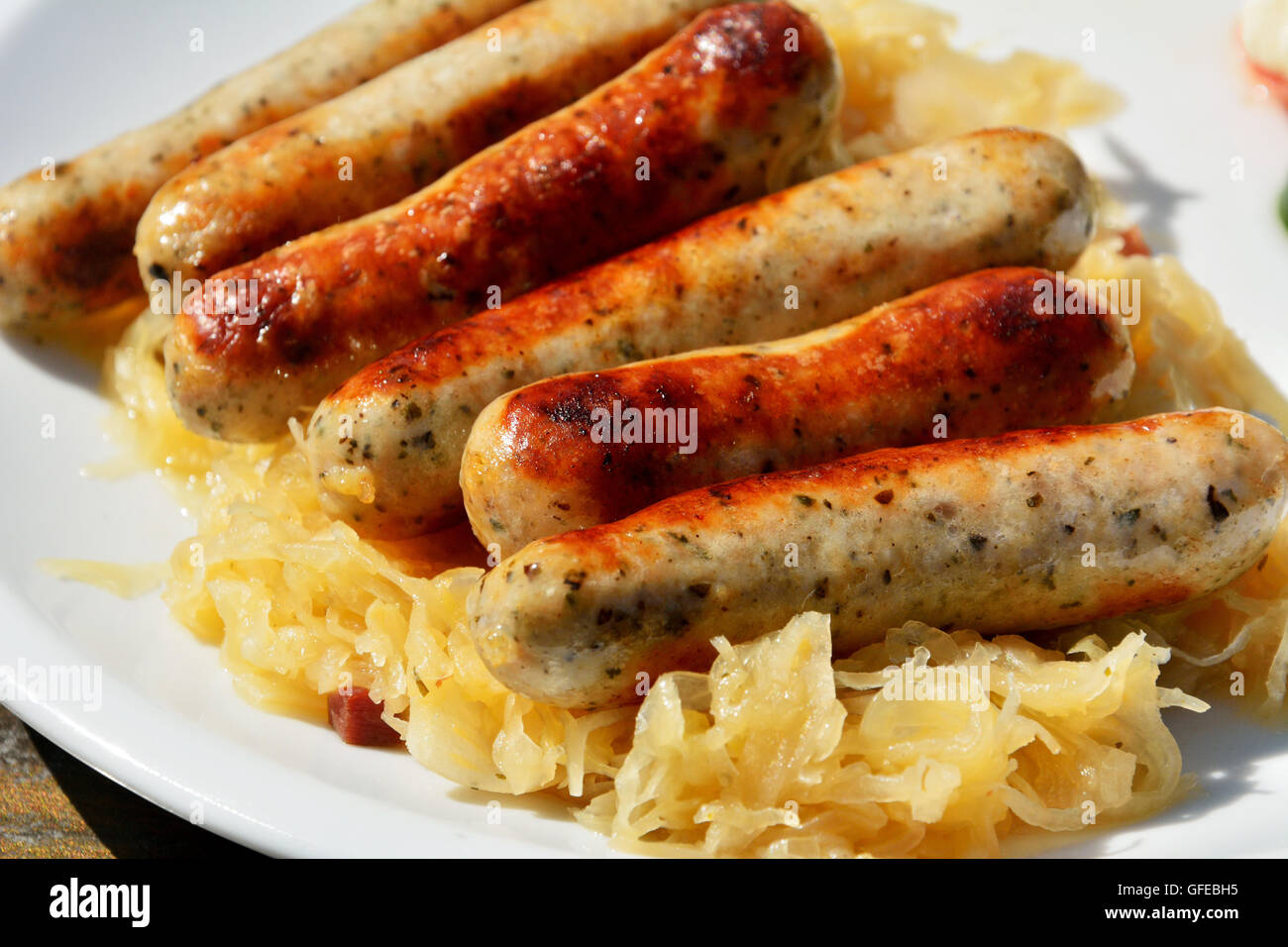 Nuremberg sausages with sauerkraut Stock Photo Alamy