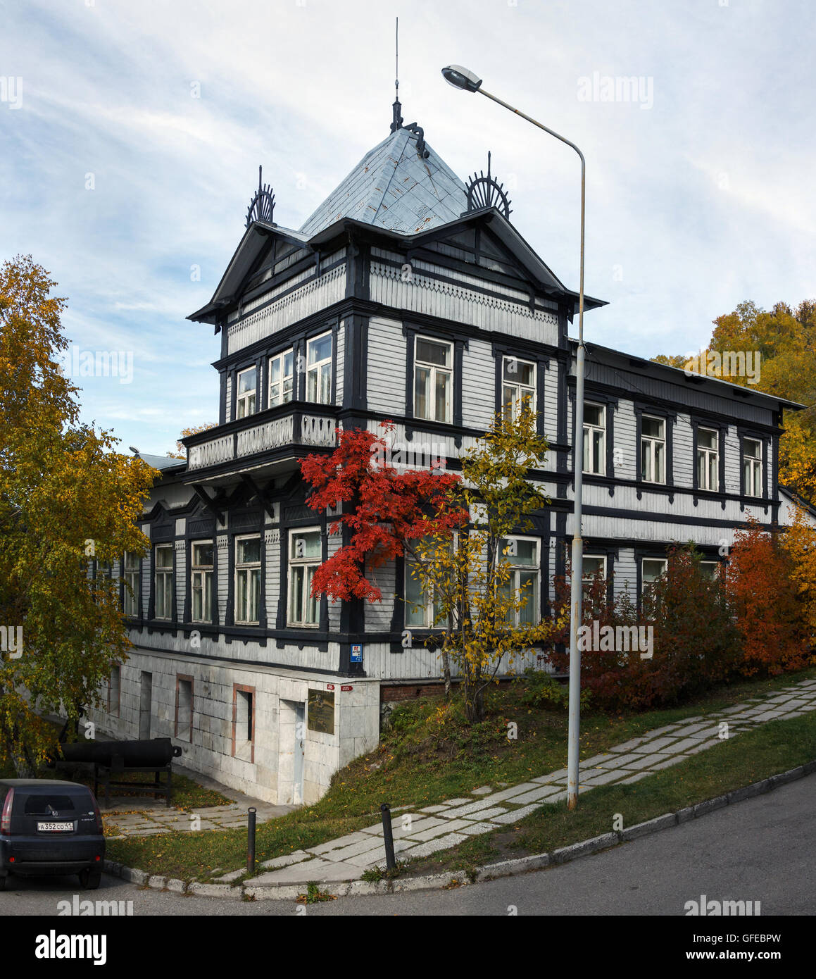 Old wooden building of the Kamchatka regional unified museum in the Petropavlovsk-Kamchatsky City. Stock Photo