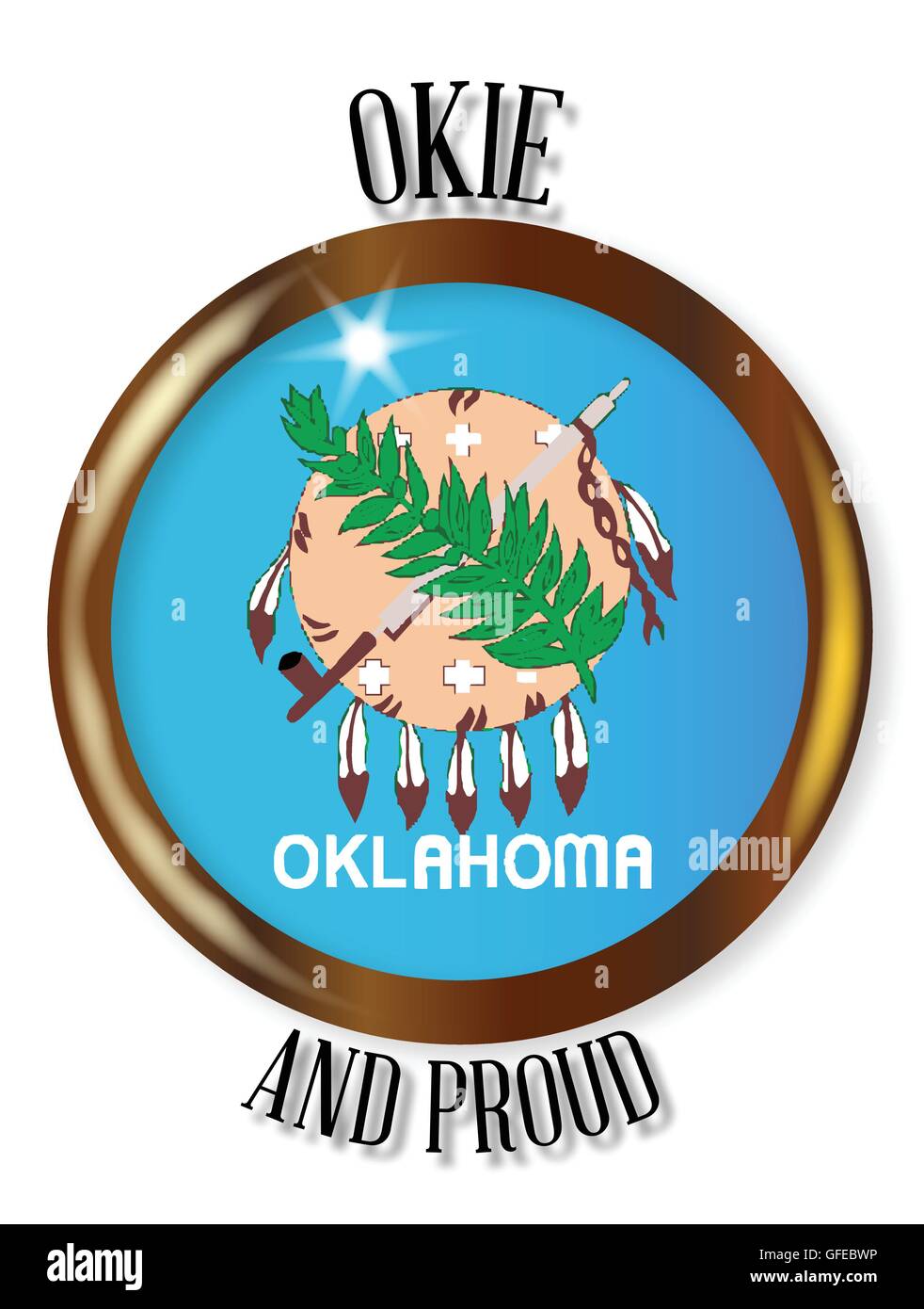 Oklahoma state flag button with a gold metal circular border over a white background with the text Okie and Proud Stock Vector