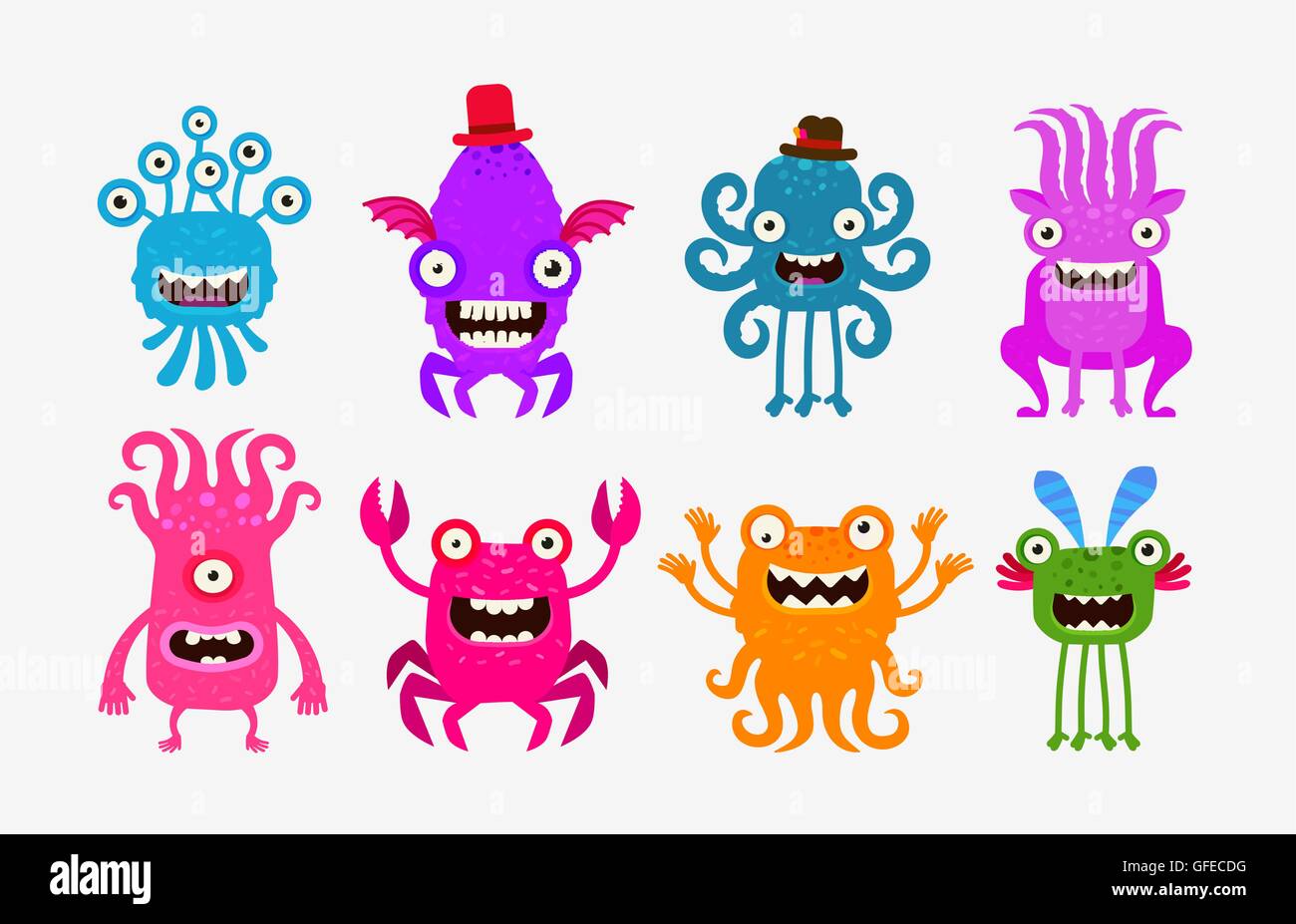 Set of cheerful and terrible monsters, ghosts, aliens. Vector illustration Stock Vector