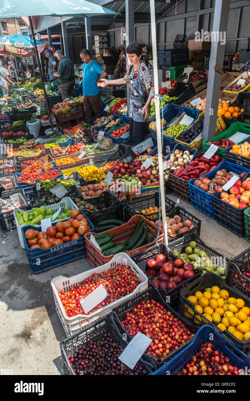 Fruit and vegetables at the market in the bazaar district. Korca, South ...