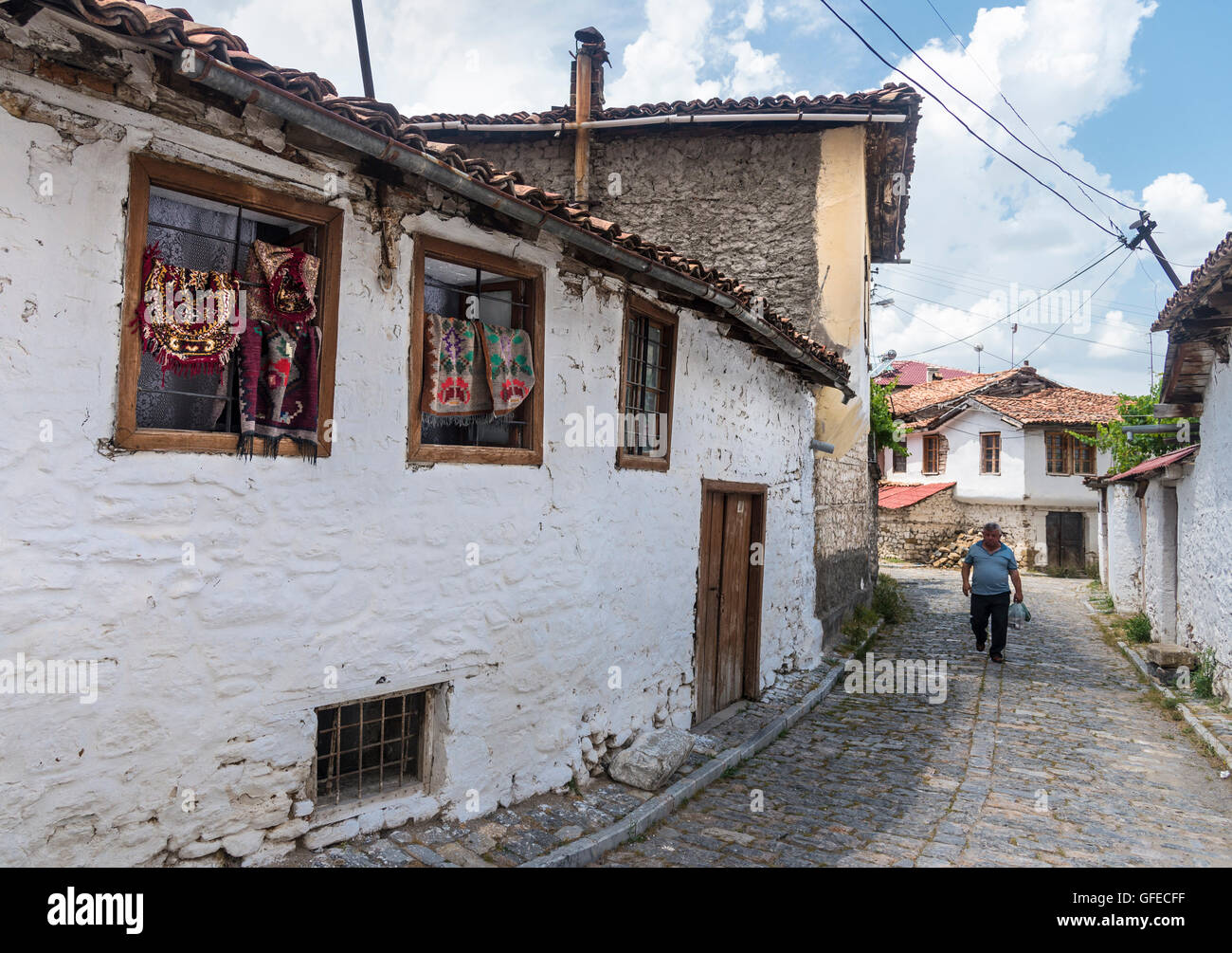 Stone houses and cobbled streets in the old quarter of Korca, South