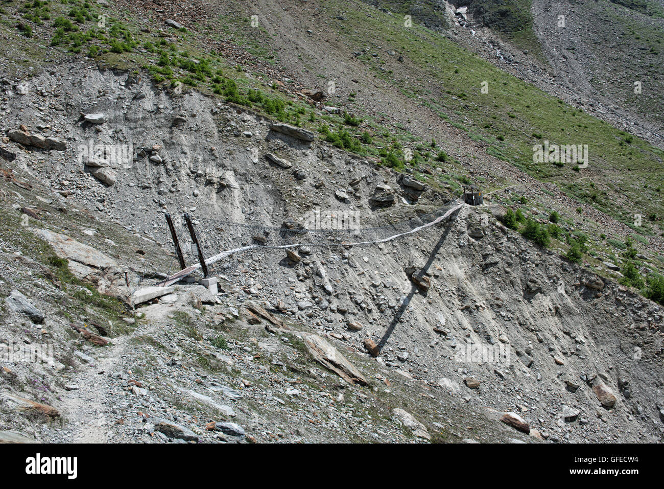 Suspension bridge across a landslide on the Europaweg Trail near