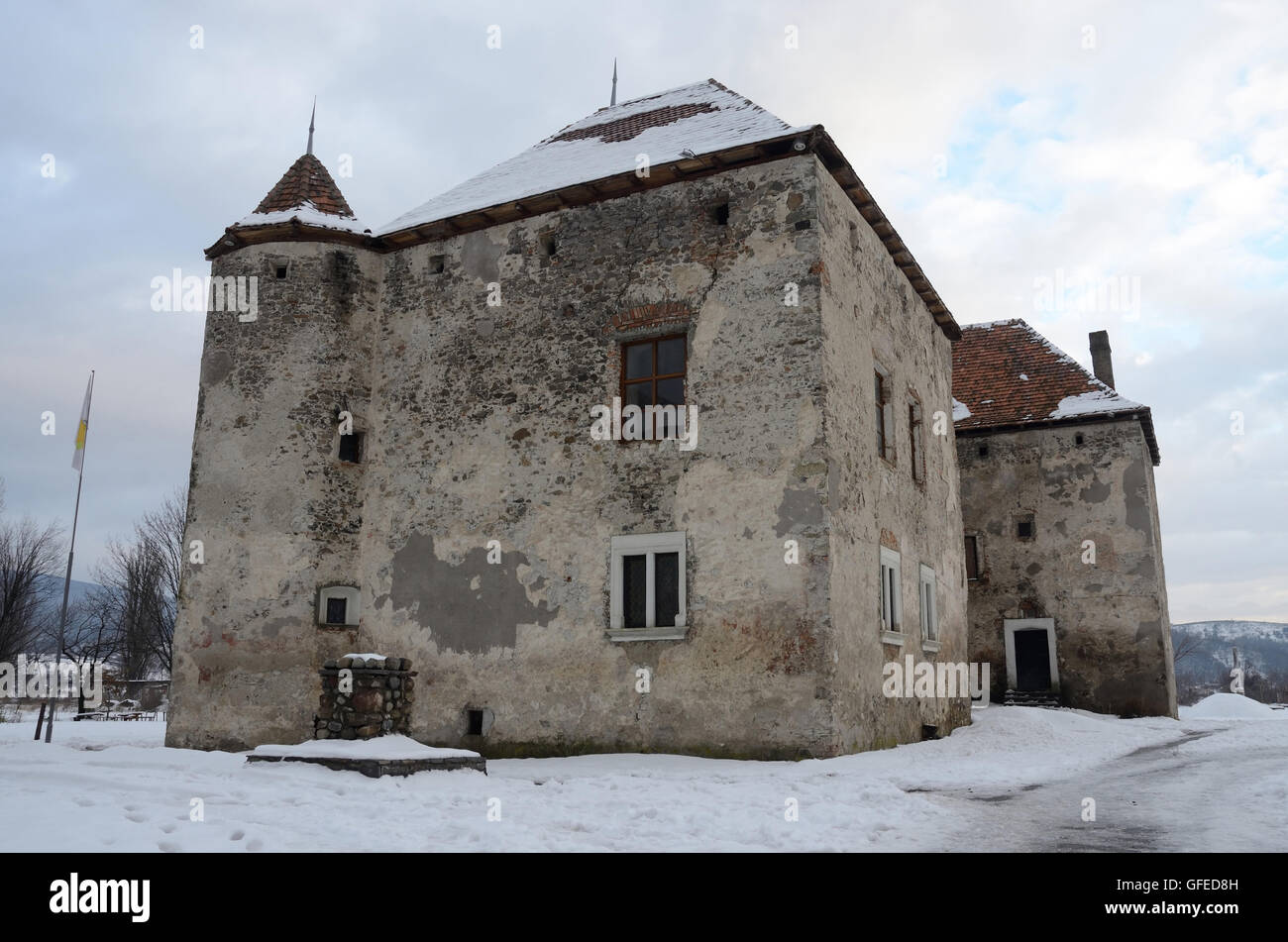 View of abandoned medieval castle Szentmiklos in winter, Zakarpattia, Chinadievo,Western Ukraine,Europe Stock Photo