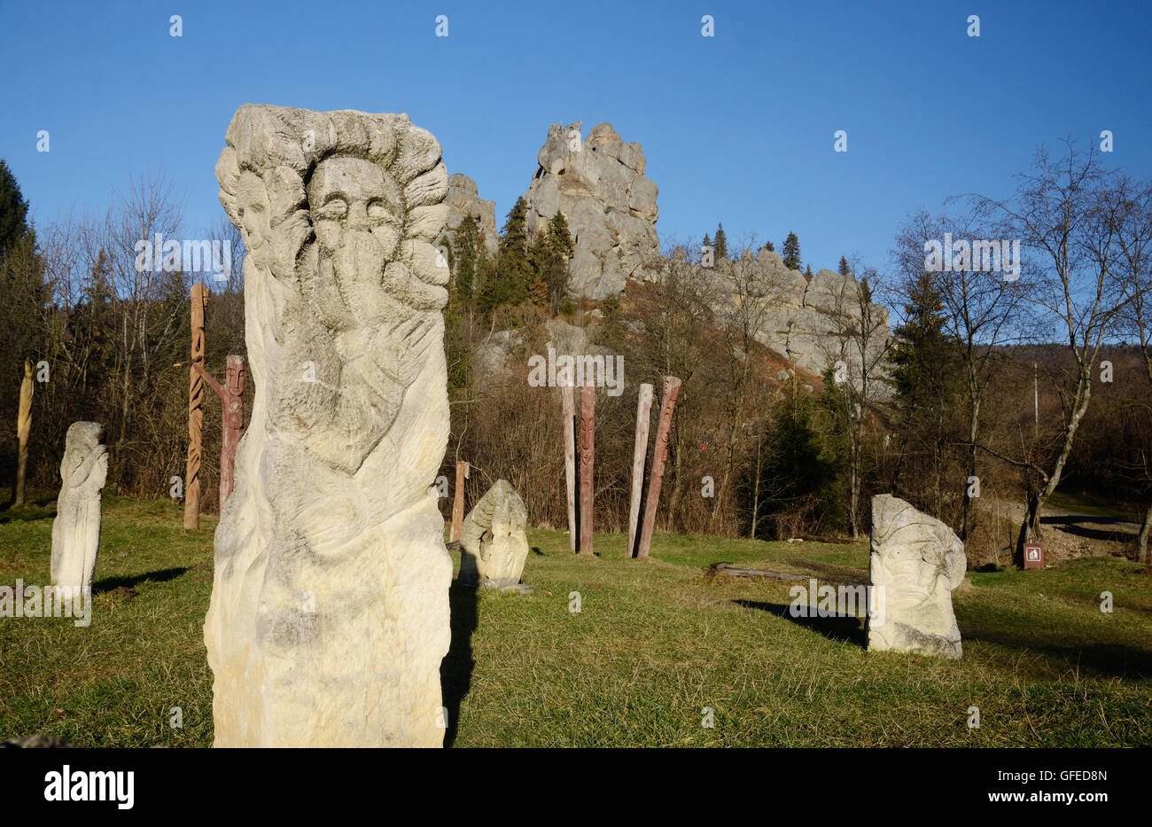 Ancient idols near ruins of Tustan - rock fortress in Carpathian Mountains, historical and cultural reserve,Western Ukraine Stock Photo